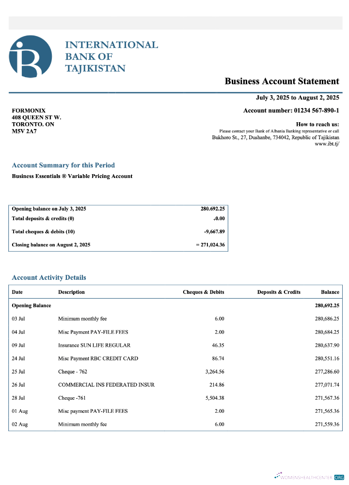 Download Tajikistan IBT business checking account statement Word and PDF template Photoshop template